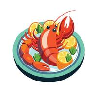 Lobster with lemon slices and vegetables on a plate vector