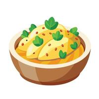 A bowl of food with green leaves on top vector
