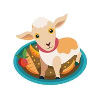 A cartoon lamb is sitting on a plate with carrots vector