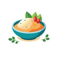 A bowl of soup with a green leaf on top vector