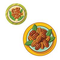 Two plates with nuts and leaves on them vector
