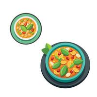 A bowl of soup and a plate of vegetables vector