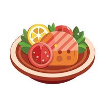 A plate with meat and vegetables on it vector