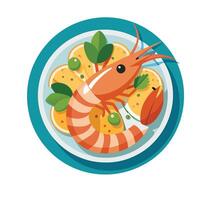 Shrimp with orange slices and lemon on a plate vector