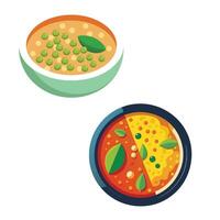 Two bowls of soup with peas and spinach vector