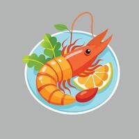 Cartoon shrimp with lemon and vegetables on a plate vector