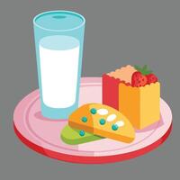 A plate with a glass of milk and cake vector