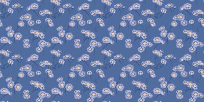 True blue pattern with tiny branches flowers chamomile. Abstract artistic floral seamless print. hand drawing sketch. Design for fashion, fabric, wallpaper, textiles, vector