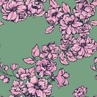 Abstract artistic branches with wild flowers, leaves, buds pattern on a green background. Stylized pink floral stems intertwined in a seamless print. hand drawing. Template for designs vector