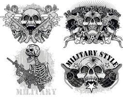 set, military skull with weapon vector