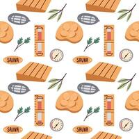 Cozy elements fabric print design, flat background .Sauna seamless pattern. Finnish bathhouse tools, cartoon spa wellness equipment. vector