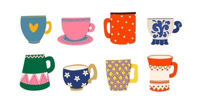 Hand drawn set of various cups with tea or coffee. Side view. Different ornaments. Flowers, cozy elements Hand drawn colored trendy illustration. Cartoon style. Flat design. vector