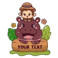 Zoo logo Pygmy hippo baby hippopotamus with happy monkey vector