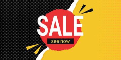 Sale banner in pop art style decorated with cut and torn paper and polka dot. Black and yellow retro design template vector
