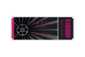 Cinema ticket with barcode in realistic style. Design with film reel. Front view. Cinema ticket template vector