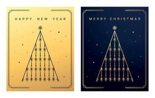 Happy New Year and Merry Christmas greeting cards with geometric shaped Christmas tree. Dark blue and gold gradient color vector