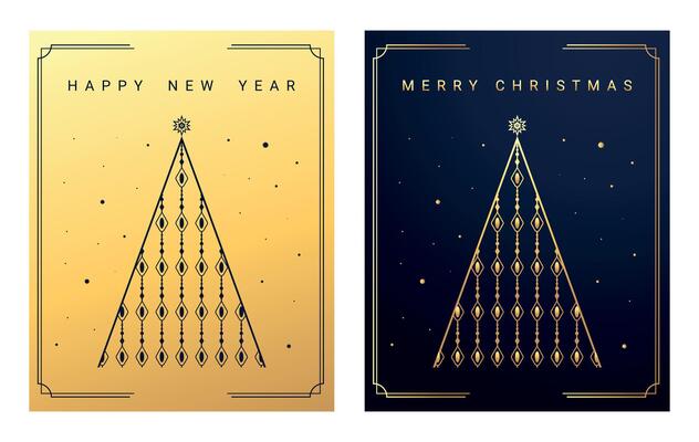 Happy New Year and Merry Christmas greeting cards with geometric shaped Christmas tree. Dark blue and gold gradient color