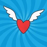 Flying red heart with white wings on blue rays background. Angel heart in pop art style vector