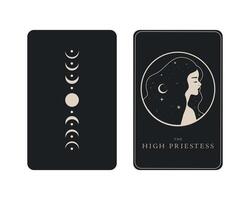 Tarot card of Major Arcana the High Priestess. Tarot card in front and reverse side. Tarot symbolism. Mystery, astrology, esoteric vector