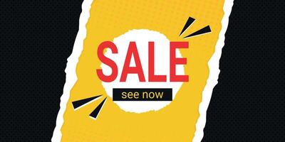 Sale banner in pop art style decorated with cut and torn paper. Black and yellow retro design template vector