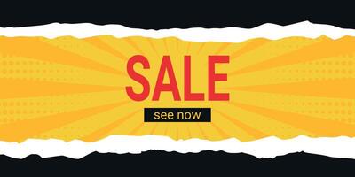 Sale banner in pop art style decorated with cut and torn paper, rays and dots. Black and yellow retro design template vector