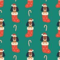 Dachshunt Dog in Christmas Stocking Seamless Pattern vector