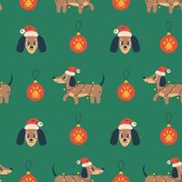 Vintage Christmas Seamless Pattern with Dachshund Dog and Baubles vector