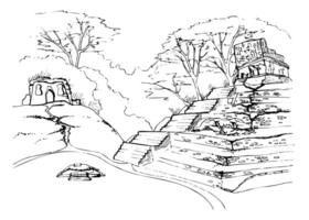 Mesoamerica Aztec ancient pyramids ruins on plain field with jungle trees, mountains hills backdrop, isolated scenic landscape. Hand drawn ink illustration. Design travel, vacation, brochure vector