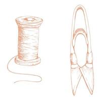 Fabric scissors cutting snips, thread bobbin spool skein. Hand drawn ink illustration sewing craft supplies. Set of objects isolated on white background. Design atelier, tailor, hobby shop vector
