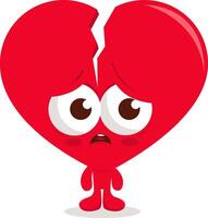 Broken love heart character. Sad red heart shaped character. Heartbroken cartoon. vector