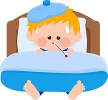 Kid with flu illness. A sick child in bed with fever, using a thermometer and a cool compress. Sick boy resting in his bedroom at home. vector