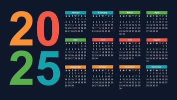 Multicolored dark calendar for 2025. The week starts on Sunday. vector