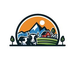 Cow and farm with mountains and trees vector