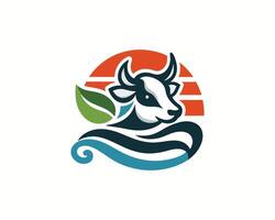 Cow logo design with a sun and water vector