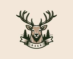 Deer head logo design with a ribbon and trees vector