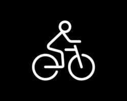 A white line icon of a person riding a bicycle vector