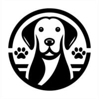 A black and white dog logo with paw prints vector