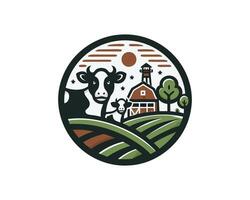 A cow and a barn in a circle vector