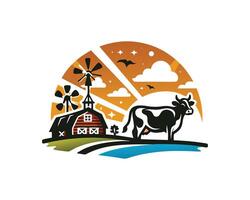 A cow and barn in the background of a logo vector