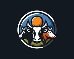 Cow logo design with a cow head and sun in the background vector