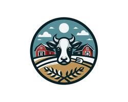 Cow with wheat in front of barn and field vector
