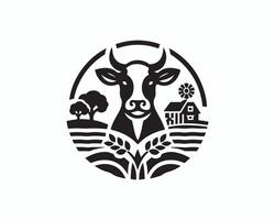 Cow logo design with a farm and a house vector