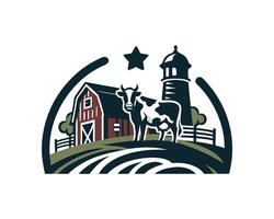 A cow and barn in a circle with a star on top vector