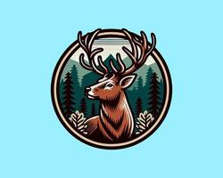 A deer head in a circular frame with trees and mountains vector
