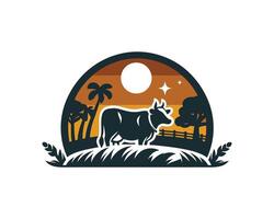 Cow in the field at sunset with trees and grass vector