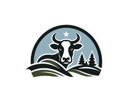Cow logo design with a mountain and trees vector