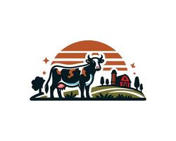 Cow on farm with sunset and barn vector