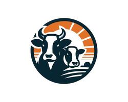 A cow and bull in a circle with the sun in the background vector