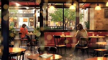 A cozy outdoor cafe with empty tables and chairs, lit by warm hanging lights. Inside, a barista prepares drinks. Trees and parked cars are visible through the windows video