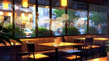 une confortable Extérieur café avec vide les tables et chaises, allumé par chaud pendaison lumières. à l'intérieur, une barista prépare boissons. des arbres et garé voitures sont visible par le les fenêtres video